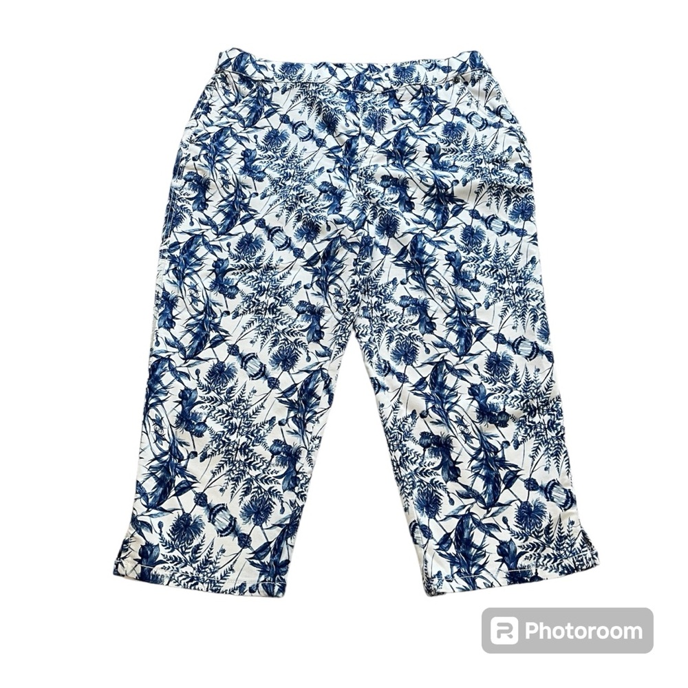 Intro. size 14 Women’s stretch white and blue milk thistle capri pants